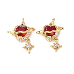 Малиновый Покрытие стойки латунь, цирконий и стеклянные подвески, без свинца и без кадмия, долговечный, Сердце звездочкой, реальный 18 k позолоченный, малиновый, 22x17x6 мм, отверстие : 3.5 мм