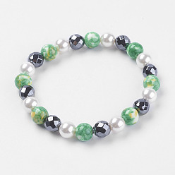 Ocean White Jade Synthetic Hematite Beads Stretch Bracelets, with Ocean White Jade and Shell Beads, 2-1/4 inch(57mm)