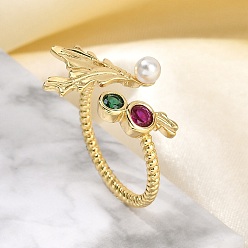 Настоящее золото 18K Кольца-манжеты из листовой латуни с микропаве из кубического циркония для женщин, с ABS имитации жемчуга, без свинца и без кадмия, реальный 18 k позолоченный, внутренний диаметр: регулируемый