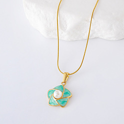 Бирюза 3 шт. французские элегантные ожерелья из нержавеющей стали с эмалированными искусственными жемчужинами в форме цветка для женщин, золотые, бирюзовые, 15.75 дюйм (40 см)