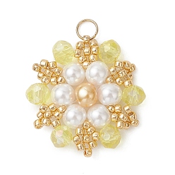 Желтый Подвески из стеклянного бисера Toho, цветочный шарм, с бусинами из стекла и стеклянного жемчуга и 304 нержавеющей сталью, граненые, желтые, 21x21x4.5 мм, Перейти кольцо: 4x0.5 мм, внутренний диаметр: 3 мм