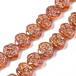 Chocolate Electroplate Transparent Glass Beads Strands, Flower, Chocolate, 12.5x14x8.5mm, Hole: 1mm, about 50pcs/strand, 23.62 inch(60cm)