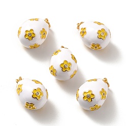 Blanco Latón chapado latón micro pavimentar cúbicos zirconia colgantes, real 18 k chapado en oro, con esmalte, sin cadmio y sin plomo y sin níquel, huevo con flor, blanco, 21.5x14.5~15 mm, anillo de salto: 5x0.6 mm, diámetro interior: 3.5 mm