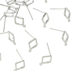 Real Platinum Plated SHEGRACE Brass Stud Earring Findings, Rhombus, with Loop, Cadmium Free & Lead Free & Nickel Free, Real Platinum Plated, 11x9mm, Hole: 1mm, Pin: 0.7x11mm