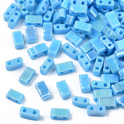 Deep Sky Blue 2-Hole Opaque Glass Seed Beads, AB Colours, Rectangle, Deep Sky Blue, 4.5~5.5x2~2.5x2mm, Hole: 0.5~0.8mm