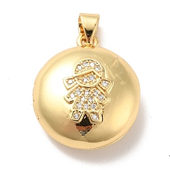 Real 18K Gold Plated Rack Plating Brass Micro Pave Clear Cubic Zirconia Locket Pendants, Cadmium Free & Lead Free, Long-Lasting Plated, Flat Round with Girl Pattern, Real 18K Gold Plated, 21x18x8mm, Hole: 4x3.5mm, Inner Diameter: 16x13.5mm
