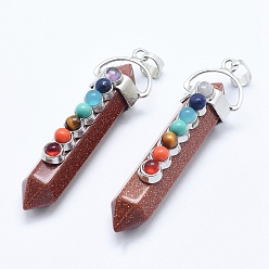 Камень с Пылевым Золотом Чакра ювелирные изделия, кулоны из синтетического золота с двойной окантовкой, с фурнитурой из сплава природного и синтетического камня, пуля, платина, 58~61x16.5~18x15.5~16 мм, отверстие : 4.5x7.5 мм