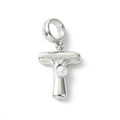 Letter T Покрытие стойки латунь с АБС-пластиком жемчуг европейские подвески, Подвески с большими отверстиями, долговечный, без свинца и без кадмия, платина, Письмо T, 22 мм длиной, отверстие : 5 мм, Кулон : 14x11x4 мм