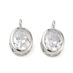 Platinum Brass Pave Clear Cubic Zirconia Pendants, Oval Charms, Single Stone Charms, Rack Plating, Long-Lasting Plated, Lead Free & Cadmium Free, Platinum, 16x10x4.5mm, Hole: 3mm
