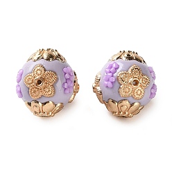 Light Gold Ручная полимерная глиняная индонезия бисер, овальные с цветком, с сердечником из сплава и смолы, золотой свет, 14~16x16 мм, отверстие : 1 мм