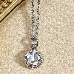Flat Round Brass Pave Clear Cubic Zirconia Geometric Pendant Necklaces, Platinum, Flat Round, 17.72 inch(45cm), Pendant: 10x8mm
