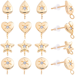 Mixed Shapes 16Pcs Brass Micro Pave Clear Cubic Zirconia Stud Earring Findings, Long-Lasting Plated, Nickel Free, Real 18K Gold Plated, with 16Pcs Plastic Ear Nuts, Mixed Shapes, 9.2~10.9x5.9~8.1mm, Hole: 2mm, Pin: 0.8mm, 4pcs/style