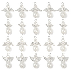 Серебро 20 шт. 4 стили стеклянные жемчужины и жемчужины из АБС-пластика, ангел, с крылом из сплава и железными петлями, серебряные, 28~30x14~22.5x9 мм, отверстие : 3 мм, 5 шт / стиль
