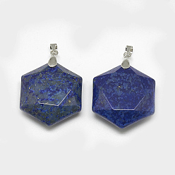 Lapis Lazuli Natural Lapis Lazuli Pendants, with Brass Findings, Hexagon, Platinum, 28x25x9.5mm, Hole: 4mm