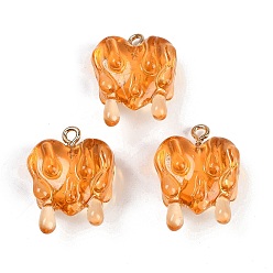 Оранжевый Подвески из смолы, С золотыми результатами железа, сердце, оранжевые, 23x18x11 мм, отверстие : 2 мм
