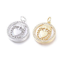(52) Непрозрачная лаванда Латунные микро проложить кубического циркония подвески, с прыжковыми кольцами и натуральной оболочкой, долговечный, без кадмия и без свинца и без никеля, для религии, плоский круглый с сердцем и крестом, прозрачные, разноцветные, 18x16x3 мм, отверстие : 3.4 мм