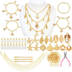 Золотой Набор для изготовления ожерелий и браслетов на морскую тематику, в том числе сплав с пластиковыми жемчужинами, подвесками в форме морских звезд и ракушек, стальные плоскогубцы, латунная кабельная цепь, 304 кольца прыжок из нержавеющей стали, золотые, 7.24~18.78 дюйм (18.4~47.7 см)