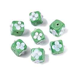 Vert Mer Moyen Fait main perles au chalumeau cahoteuses, cube avec motif de fleurs, vert de mer moyen, 12~13x14~16x14~16mm, Trou: 1~1.6mm