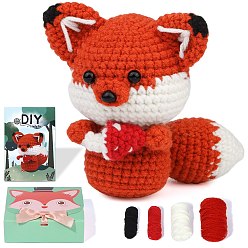 Red DIY Fox Crochet Kits for Beginners, including Polyester Yarn, Fiberfill, Crochet Needle, Yarn Needle, Support Wire, Stitch Marker, Red, Package Size: 23x16.8cm