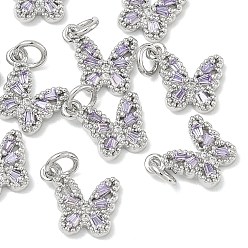 Lavender SHEGRACE Brass Pave Clear Cubic Zirconia Pendants, Butterfly Charms, Cadmium Free & Nickel Free & Lead Free, Long-Lasting Plated, Platinum, Lavender, 11x11.5x3mm, Hole: 3mm