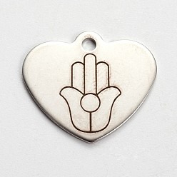 Stainless Steel Color Non-Tarnish Stainless Steel Heart Pendants, with Palm Pattern, Stainless Steel Color, 21x24x1mm, Hole: 2mm