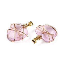 Бледно-Розовый Подвески lampwork, Подвески-сердечки, обернутые медной проволокой, золотые, розовый жемчуг, 24x21x9 мм, отверстие : 4x6 мм