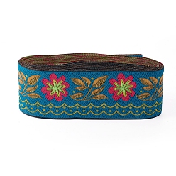 Deep Sky Blue Embroidery Polyester Ribbons, Jacquard Ribbon, Tyrolean Ribbon, Garment Accessories, Floral Pattern, Deep Sky Blue, 51mm, about 7m/bundle
