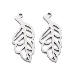 Stainless Steel Color Non-Tarnish 304 Stainless Steel Pendants, Laser Cut, Leaf, Stainless Steel Color, 28x13x1mm, Hole: 1.6mm
