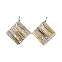 Rhombus Естественных пресноводных оболочки большие кулоны, с фурнитурой из сплава и нержавеющей стали, цвет нержавеющей стали, цвет морской раковины, ромб, 61x60~61x6.5 мм, отверстие : 6x4.5 мм