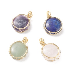 Mixed Stone Natural Gemstone Copper Wire Wrapped Pendants, Real 18K Gold Plated, Flat Round, 28x20x8mm, Hole: 3mm
