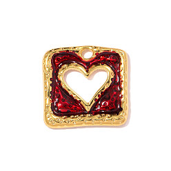 Темно-Красный 304 нержавеющей стальной эмали подвески, квадрат с подвесками в виде сердечек, ионное покрытие (ip), долговечный, зеркальная полировка, реальный 18 k позолоченный, темно-красный, 23x22 мм, отверстие : 3 мм