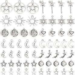 Antique Silver 140Pcs 14 style Tibetan Style Alloy Charms, Star & Moon & Sun, Antique Silver, 10pcs/style