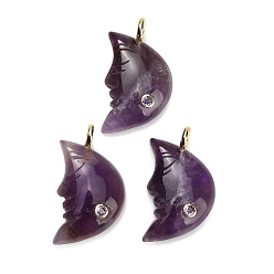 Amethyst Natural Amethyst Pendants, Moon Charms, with Brass Pave Cubic Zirconia Findings, Golden, 40~42x22~24x7~8mm, Hole: 4.5mm
