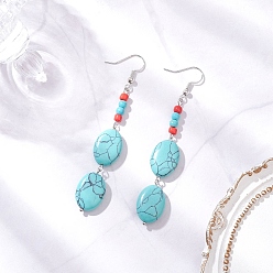 Платина Бронзовые синтетические бирюзовые серьги, овальные, платина, 81~82x13~13.5 мм