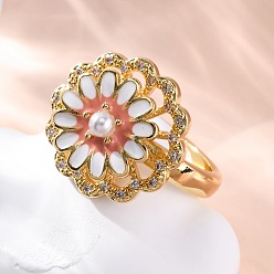 Золотой Dasiy вращающиеся открытые манжетные кольца для женщин, латунные кольца-спиннеры с микро-паве и прозрачным кубическим цирконием, с пластиковыми жемчужными бусинами и эмалью, золотые, внутренний диаметр: 18 мм