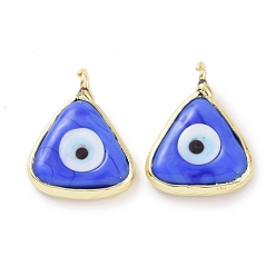 Royal Blue Handmade Evil Eye Lampwork Charms, with Real 18K Gold Plated Tone Brass Findings, Triangle Charm, Royal Blue, 12x13x4mm, Hole: 2mm