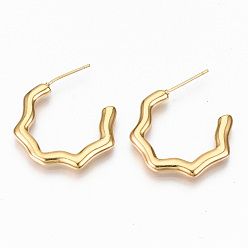 Real 18K Gold Plated Brass Half Hoop Earrings, Stud Earring, Nickel Free, Wave, Real 18K Gold Plated, 26.5x25mm, Pin: 0.7mm