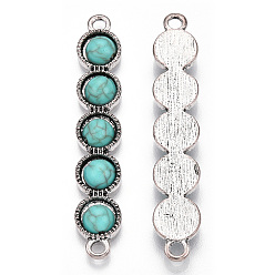 Antique Silver Alloy Connector Charms, with Synthetic Turquoise, Rectangle, Cadmium Free & Lead Free, Antique Silver, 49x9x4mm, Hole: 2.5mm