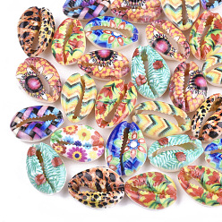 Colorful Printed Cowrie Shell Beads, No Hole/Undrilled, Colorful, 20~25x13~17x7~8mm