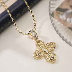 Настоящее золото 18K Женские ожерелья с подвеской-крестом из латуни с микропаве из прозрачных кубических цирконий, реальный 18 k позолоченный, 17.52 дюйм (44.5 см)