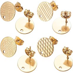 Golden 24 Stück 4 Stil: strukturiert, flach, rund, Ionenbeschichtung (IP) 304 Ohrstecker aus Edelstahl, mit ohrmuttern / ohrhaken und loch, golden, 12 mm, Bohrung: 1.2 mm, Stift: 0.8 mm, 6 Stück / Stil