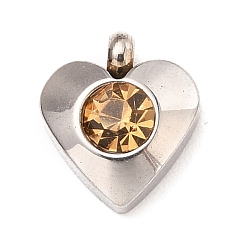 Светлый Колорадский Топаз 304 прелести нержавеющей стали, с акриловыми стразами, граненые, очарование камня, сердце, цвет нержавеющей стали, lt.col.topaz, 8.2x7.2x3.2 мм, отверстие : 1 мм