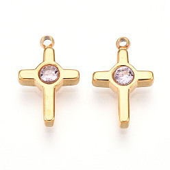 Розовый Ионное покрытие (ip) 304 подвески из нержавеющей стали с микропаве из кубического циркония, крестик, реальный 18 k позолоченный, туманная роза, 13x8x2.5~3 мм, отверстие : 1.2 мм