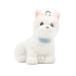 Белый Флокированные подвески из непрозрачной смолы, вест-хайленд-уайт-терьер, с железной платиной петлей, белые, 33.5x35x22 мм, отверстие : 2 мм