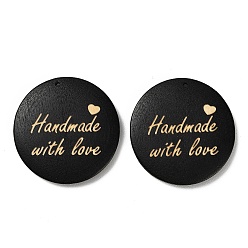 Черный Древесины подвески, Плоские круглые подвески с надписью «Сделано с любовью», чёрные, 39.5~40.5x5~5.5 мм, отверстие : 1.4 мм