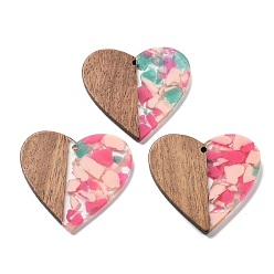Розовый Подвески из смолы и ореха, сердце, туманная роза, 37x38.5x2.5 мм, отверстие : 2 мм