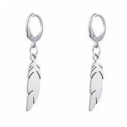 Нержавеющая Сталь Цвет Устойчивые к потускнению 304 серьги с застежкой-молнией из нержавеющей стали, с 201 подвесками из нержавеющей стали, перо, цвет нержавеющей стали, 40 мм, штифты : 0.6x0.8 мм