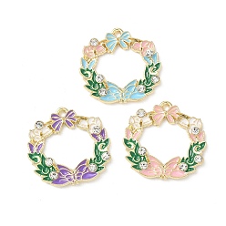 (52) Непрозрачная лаванда Подвески из сплава эмали и стразов, венок с бантом, золотой свет, без кадмия, без никеля и без свинца, стойки покрытие, разноцветные, 25x25.5x2.5 мм, отверстие : 1.8 мм