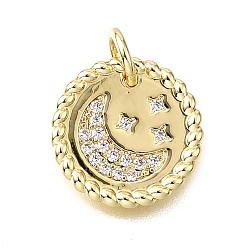 Настоящее золото 18K Латунные микропаве прозрачные кубические циркониевые подвески, плоские круглые с подвесками в виде луны и звезд, без свинца и без кадмия, стойки покрытие, долговечный, с целью перехода в кольце, реальный 18 k позолоченный, 12x1.5 мм, отверстие : 3 мм