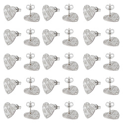 Нержавеющая Сталь Цвет 40 шт 304 детали серьги-гвоздики из нержавеющей стали, с ушными гайками / серьгами и отверстием, в форме сердца с текстурированной, цвет нержавеющей стали, 12x13x1 мм, штифты : 0.8 мм